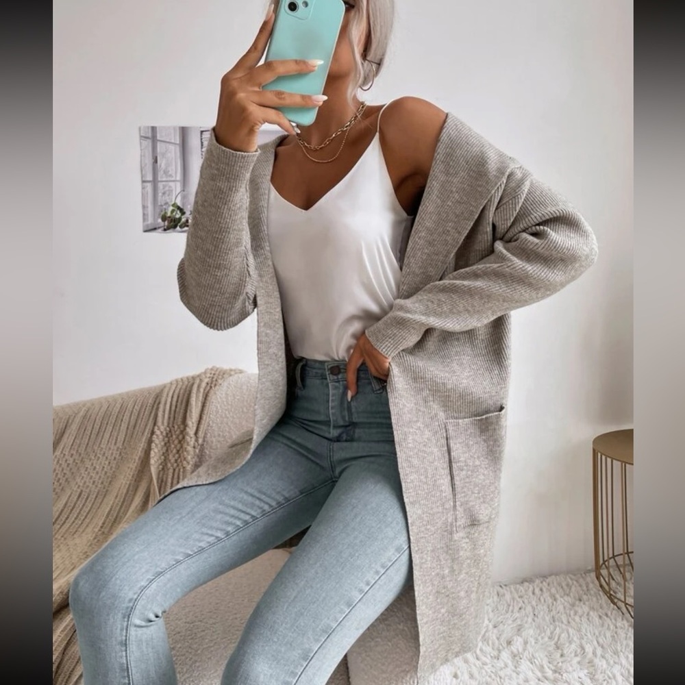 SHEIN Unity Solid Dual Pockets Hooded Duster Cardigan